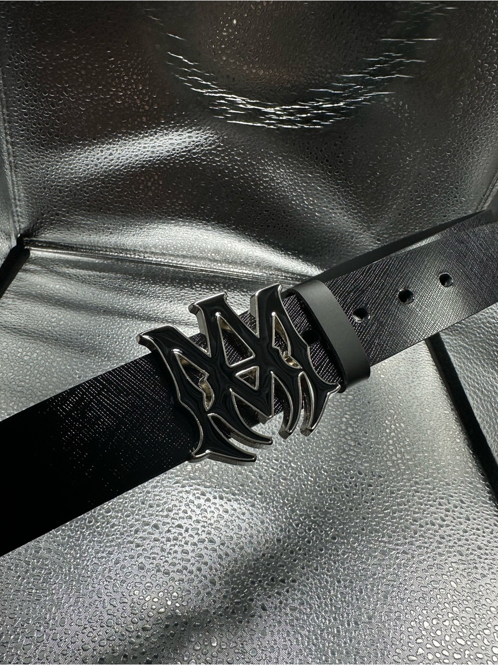 AMIRI Men's Black Leather Belt with Silver Statement Buckle N/A